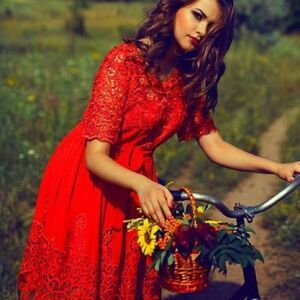 Gracia Red 3/4 Sleeve Midi Sundress for Weddings